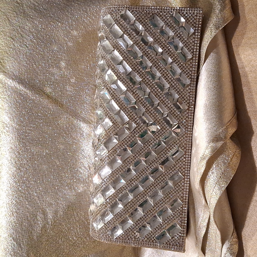💎👜Glitz To Go Gold W/Clear Crystals Jeweled Front Evening/Clutch Bag W/ Chain